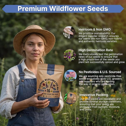 Organo Republic 16 Perennial Wildflower Seeds Mix for Indoor & Outdoors 25,000+ Non-GMO, Heirloom Wildflower Garden Seeds, 1oz Packet for Growing Wild Flowers to Attract Bees, Butterflies & Birds