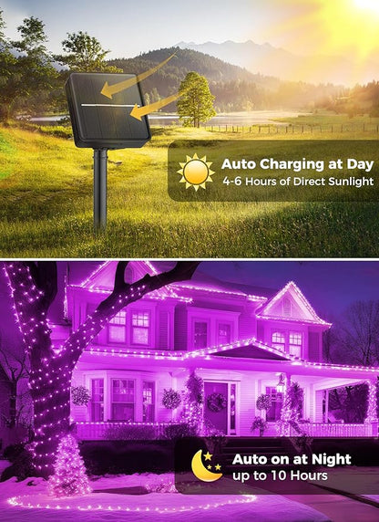 Brightown 2-Pack 400LED 170FT Total Halloween Solar Outdoor Lights IP65 Waterproof Solar Powered Lights with 8 Lighting Modes for Party Garden Yard Home Holiday Tree Decoration Lighting,Purple