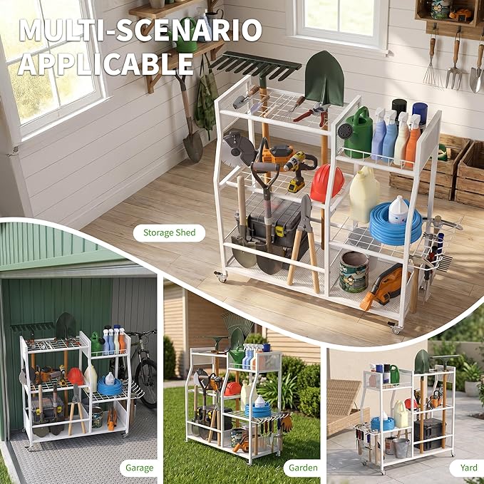 HOTEAGLE Yard Tool Organizer for Garage 35.4" Width High Stability Outdoor Metal Utility Rolling Cart with Mute Wheels, 18.5mm Thick Rods Ideal Garden Tool Rack, Easy to Clean,White