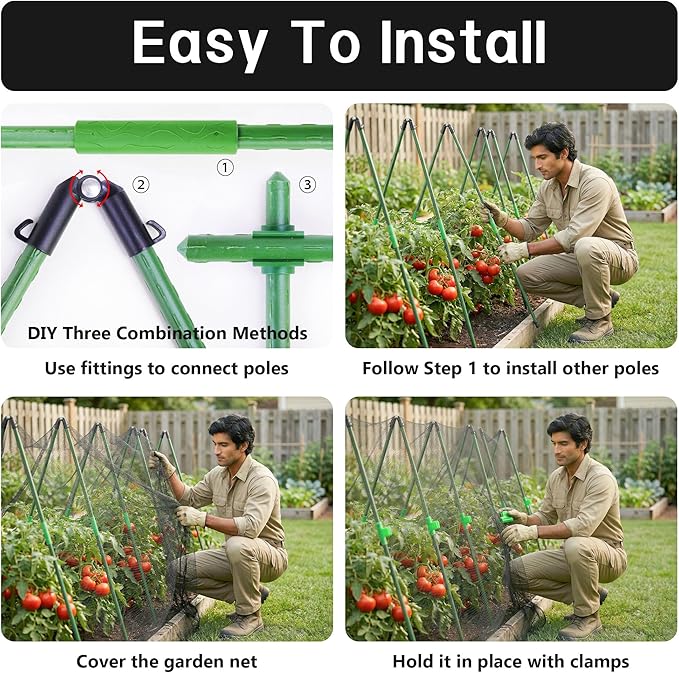 U0U Garden Mesh Netting Kit,7.8 x 24 Ft Ultra Fine Mesh Netting with Garden Hoops,Garden Netting Set for Raised Beds,Bird Netting Protection for Vegetable Plants Birds Animals Protection (Black)