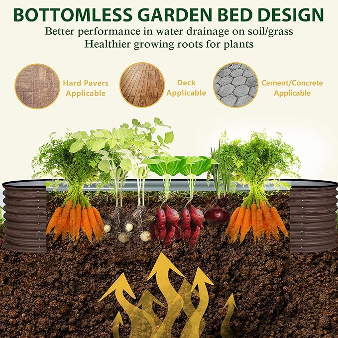 MUPATER Galvanized Raised Garden Bed Outdoor 8x2x2ft, 9-in-1 Metal Raised Planter Box W/ 2 Aluminum Support Rods, Oval Outdoor Raised Garden Bed for Vegetable, Flower, Backyard and Patio, Rustic