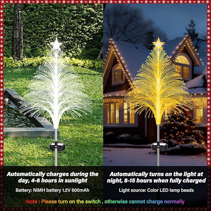 Baquler 12 Pack Solar Christmas Tree Lights Waterproof Outdoor Pathyway Stake Light 7 Lighting Modes Fireworks Christmas Stake Light Decoration for Holiday Yard Walkway Garden Path Decor