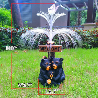 Solar Bear Garden Statues,Resin Black Bear Family Figurine with Welcome Card and 7-Color Changing Optical Fiber with Solar Lights, Lawn Decor Outdoor Statue for Patio,Balcony,Yard,Lawn