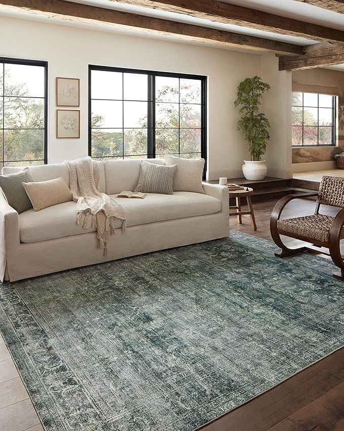 Loloi Magnolia Home by Joanna Gaines Banks Collection BAN-03 Blue/Lagoon 7'-6" x 9'-6", .13" Pile Height, Machine Washable, Area Rug