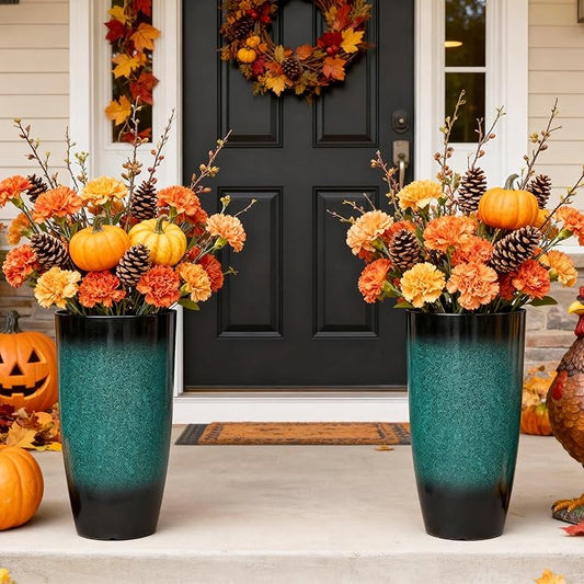 24" Tall Outdoor Planters Set of 2, Large Planters for Outdoor Plants, Art Faux Ceramic Plastic Flower Pots, Weather-Resistant for Porch, Garden, Patio or Indoor Decor, Ideal