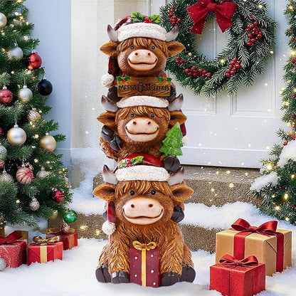 Christmas Highland Cow Decor with Solar Light Triple Highland Cow Christmas Decorations Gifts for Women Mom Funny Highland Cows Garden Statues for Garden Patio Lawn Yard Decor