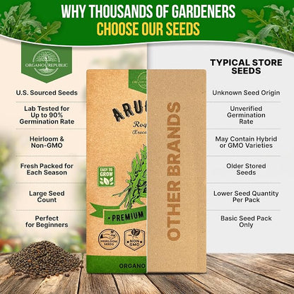 Organo Republic Arugula Roquette Seeds Pack 5G - Over 2900 Non-GMO Heirloom Arugula Seeds for Planting Greens in Individual Seed Packet, Greens Seeds for Planting Home Garden Indoor & Outdoor Garden