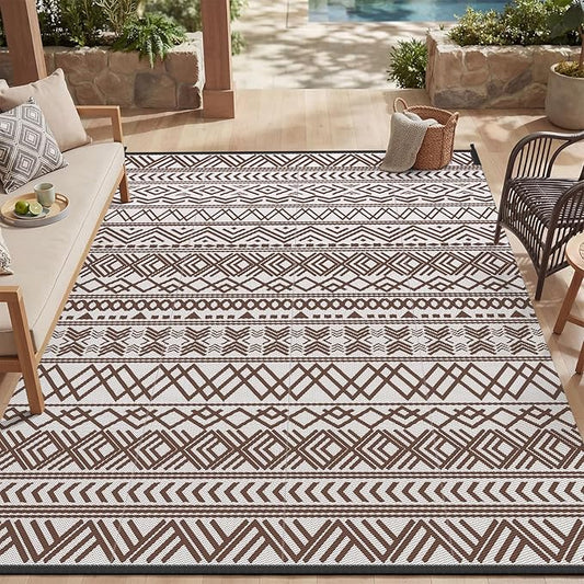 MontVoo Outdoor Rug 8x10 Waterproof Outdoor Patio Rug Mat Reverisble Plastic Straw Outdoor Rug for RV Camping Picnic Beach Balcony Boho Beige Brown