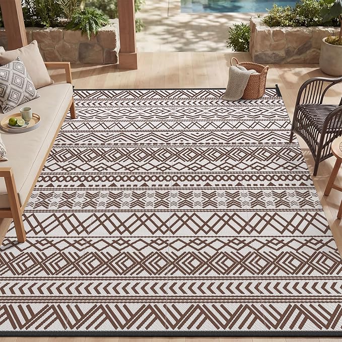 MontVoo Outdoor Rug Carpet Waterproof 5x8 Outdoor Patio Rug Mat Reverisble Plastic Straw Outdoor Rug for RV Camping Picnic Beach Balcony Boho Beige Brown
