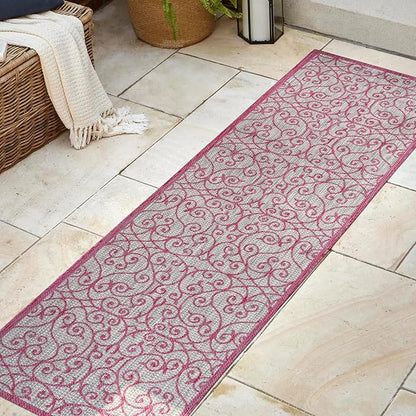 JONATHAN Y Vintage Filigree Indoor Outdoor Runner Rug 2X8 Light Gray/Fuchsia, Madrid Textured Weave for Backyard, Patio, Porch, Easy-Cleaning, High Traffic, Pet-Friendly, Non-Shedding (SMB107I-28)
