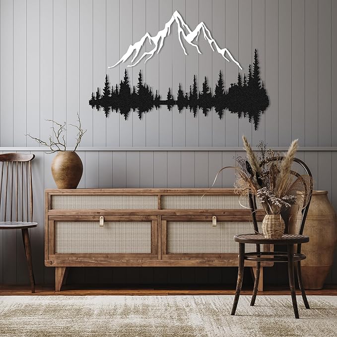 WOCHMANN,Mountain Lake Forest Large Metal Wall Art Black Minimalist Nature Silhouette Wall Decor Outdoor Landscape Wall Sculpture for Living Room, Bedroom, Kitchen or Office (Black & White, 47W'' x 31L'', Unframed)