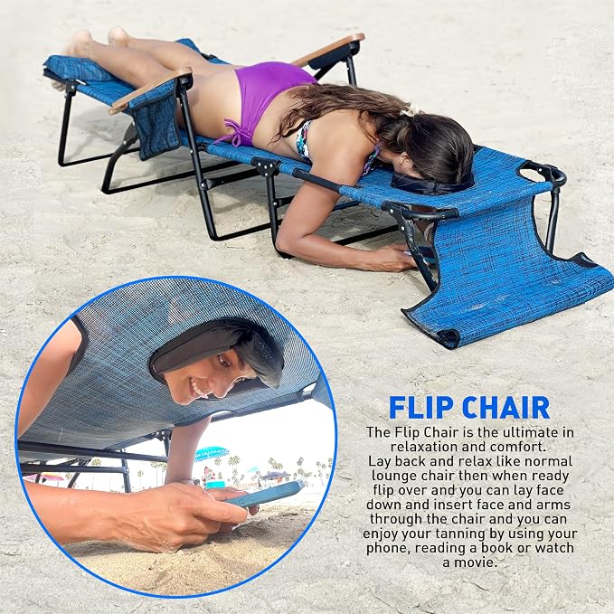EASYGO PRODUCTS FLIP Face Down Tanning Chaise Lounge Chair with Face & Arm Holes - 4 Legs Support - Textilene Material - 6 Position - Arm Head Rest Pillow - Beach or Home Use