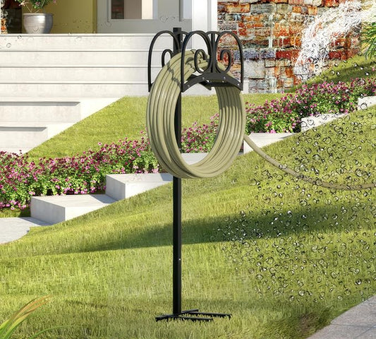 Upgraded Garden Hose Holder Stand with 4 Spikes - Heavy Duty Water Hose Reel, Hose Organizer, Holds 150ft Hose for Outside Yard Lawn, Black
