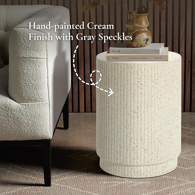 LuxenHome Cream Cement Round Outdoor Side Table, Set of 2