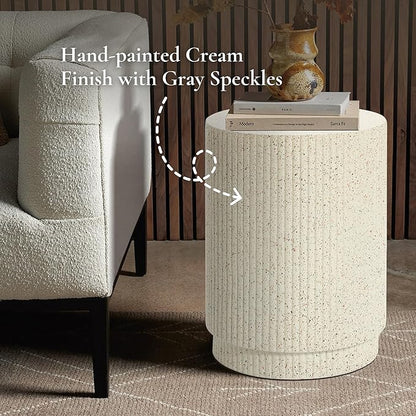 LuxenHome Cream Cement Round Outdoor Side Table, Set of 2