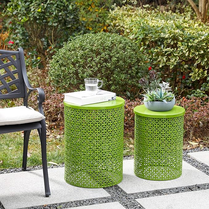 Glitzhome Outdoor Side Table Set of 2, Decorative Garden Stool for Indoor Outdoor Heavy Duty Metal Frame Accent Table Modern End Table, Glossy Green