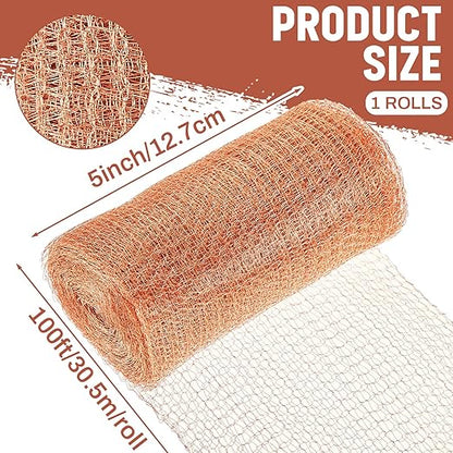 Gisafai 5'' x 100 ft Copper Mesh Rodent Control Copper Wool for Slugs Rustproof DIY Hole Filler Pure Wire Mesh for Bat Snail Bird Pest Rodent Control Gap Blocker Fill Fabric Hole Gardening(1 Roll)