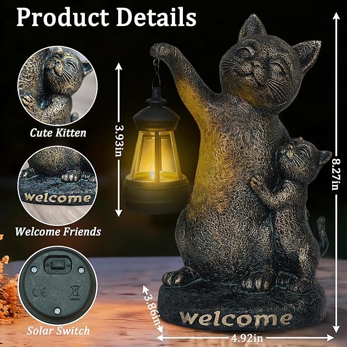 Cat Garden Statue Outdoor Decor - Solar Cat Garden Statue,Cats Figurine Ornaments,Waterproof Outdoor Sculptures for Yard Lawn Backyard Patio Balcony Home Decorations,Unique Cats Gifts for Women