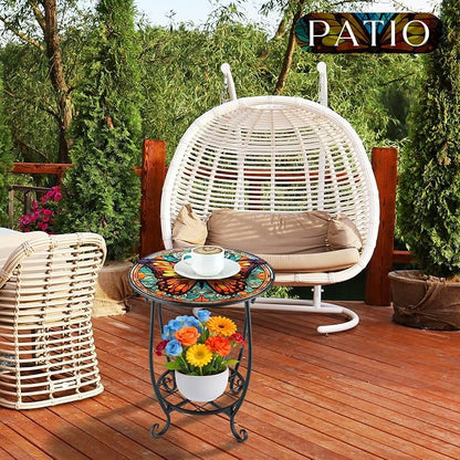 Cinnvoice Outdoor Side Table Round Small Mosaic Patio Accent Indoor End Plant Coffee Tea Table for Yard Patio Porch Garden Living Room, Bedroom(Butterfly B Style,12 Inch)
