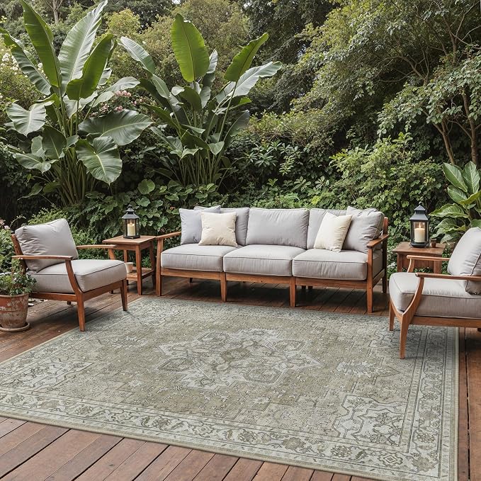 GENIMO Outdoor & Indoor Area Rug 9'x12', Waterproof, Non-Shedding, Easy Cleaning, Boho Mat for Patio, Living Room, Balcony, Dining Room, RV, Deck, Bedroom, Camping, Outside Carpet,Coffee Beige