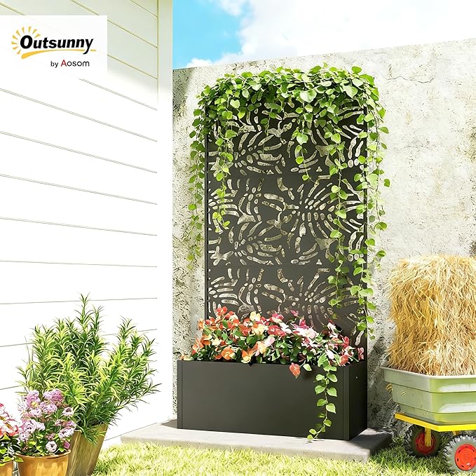 Outsunny Metal Planter Box with Trellis, 71" Tall Raised Garden Bed with Trellis Privacy Screen and Drainage Holes, Banana-Leaf Cut-Out Outdoor Privacy Planter for Climbing Plants, Vegetables, Vines