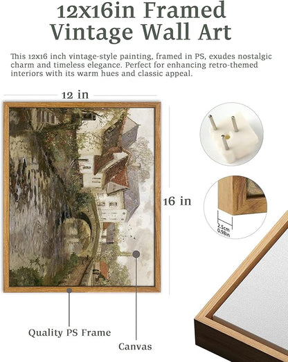 UPWOIGH Vintage Framed Wall Art,12"x16" Country Oil Painting,Belgian Village Canal Print,European City,Rustic Wall Decor,Antique Painting,Moody Autumn Farmhouse Artwork for Living Room Bedroom,1Pack