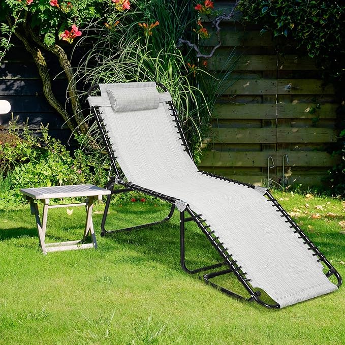 GYMAX Tanning Chair, Extra High Lounge Chair with Removable Pillow, Detachable Side Pocket & Adjustable Backrest, Folding Chaise Lounger for Sunbath, Layout Beach Chair for Indoor/Outdoor (2, Grey)