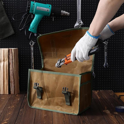 Tool Bag, Heavy Duty 16oz Waxed Canvas Tool Carrier, Multi-Purpose Tote Bag with 1 Large Capacity & 2 Side Pockets, Portable Tool Storage for Wrenches Chisels Scissors Hammer - Khaki
