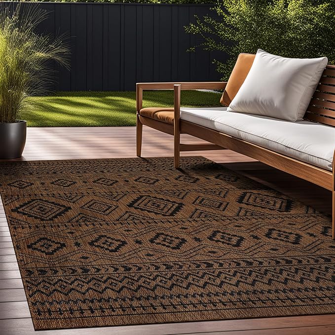 Beverly Rug Waikiki Boho Indoor Outdoor Rug 9x12, Washable Outside Carpet for Patio, Deck, Porch, Bohemian Area Rug, Farmhouse Rugs, Aztec Tribal Rug, Nut Brown and Black