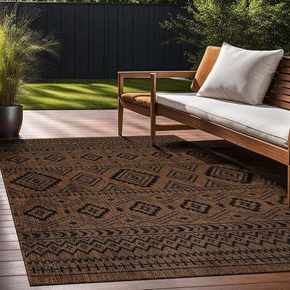 Beverly Rug Waikiki Boho Indoor Outdoor Rug 9x12, Washable Outside Carpet for Patio, Deck, Porch, Bohemian Area Rug, Farmhouse Rugs, Aztec Tribal Rug, Nut Brown and Black
