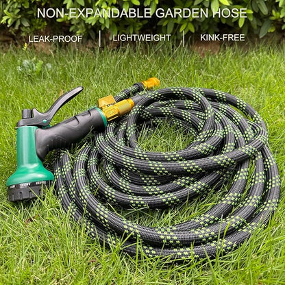 Garden Hose Non-Expandable 100 ft, Lightweight Flexible Water Hose with 10 Function Spray Nozzle, Outdoor Leak Proof, Kink-Free, Portable Hose for Yard, Lawn, Camper, High-Density Fabric, Black Green