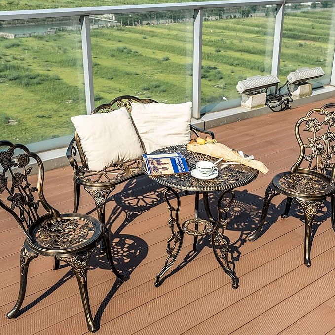 3 Piece Patio Bistro Table Set, Outdoor Stylish Rose Flower Bistro Set with Umbrella Hole, Small Cast Aluminum Table and Chairs Set for Balcony Furniture, Dark Bronze