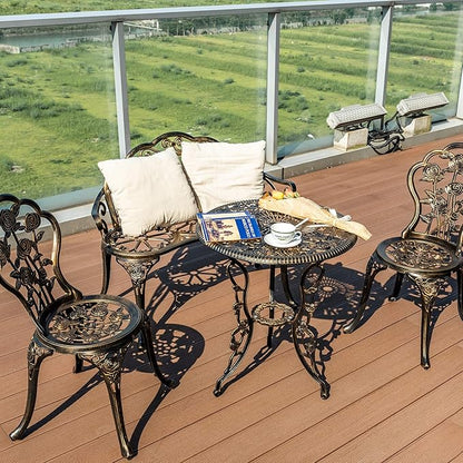 3 Piece Patio Bistro Table Set, Outdoor Stylish Rose Flower Bistro Set with Umbrella Hole, Small Cast Aluminum Table and Chairs Set for Balcony Furniture, Dark Bronze