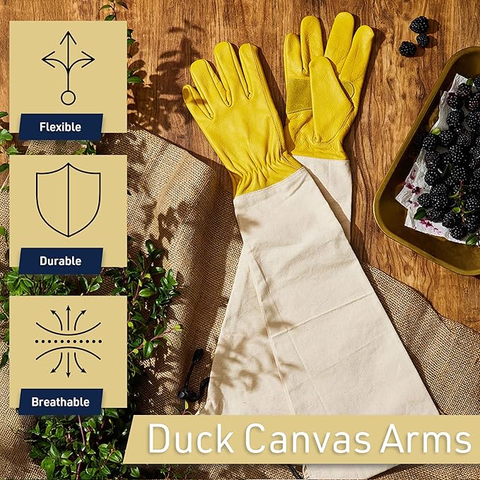 Kings County Tools Long Garden Gloves for Men and Women Pair - Breathable Canvas Thorn Proof Leather Gardening Gloves with Arm Guard Gauntlet for Pruning Planting Rose Cactus or Blackberry (Medium)