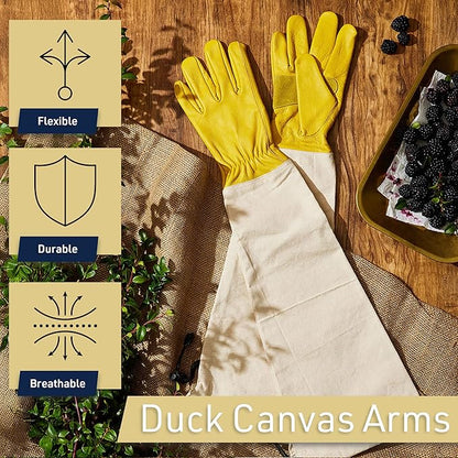 Kings County Tools Long Garden Gloves for Men and Women Pair - Breathable Canvas Thorn Proof Leather Gardening Gloves with Arm Guard Gauntlet for Pruning Planting Rose Cactus or Blackberry (Medium)
