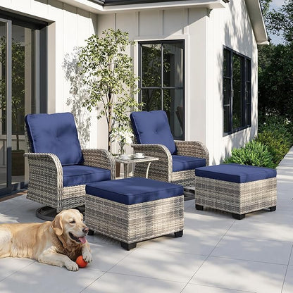 5-Piece Small Patio Furniture Set, Outdoor Swivel Rocking Chairs Set with Ottomans, Patio Bistro Set for Balcony, Deck, Porch, Navy Blue