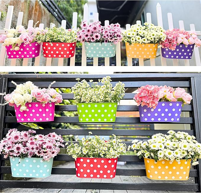 LaLaGreen Outdoor Hanging Planter (11.2 Inch, 6 Pack) Light Blue, Neon Pink, Dark Purple, Yellow, Red Cute Metal Iron Flower Pots Bucket Colorful Polka Dot Herb Deck Railing Fence Bucket Patio Decor