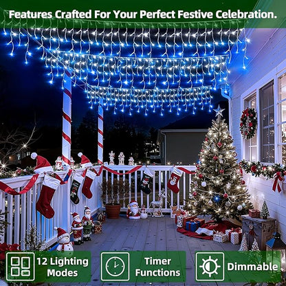 670 LED Christmas Lights with 148Drops, 66ft 12 Modes Hanging ice String Lights with Timer Dimmable & Waterproof, Plug-in Fairy Lights for Indoor Holiday Wedding Christmas Decorations Blue & CoolWhite
