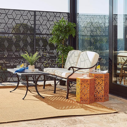 Glitzhome Outdoor Side Tables Set of 2 Decorative Garden Stools,Heavy Duty Metal Cutout Floral Pattern Hexagonal Modern End Table Plant Stand Accent Table, Orange