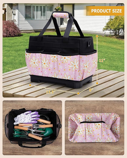 Marscamd Garden Tool Bag with Hard Bottom, Garden Tote with Shoulder Strap and Multiple Pockets (No Accessories Included), Pink Sunflower
