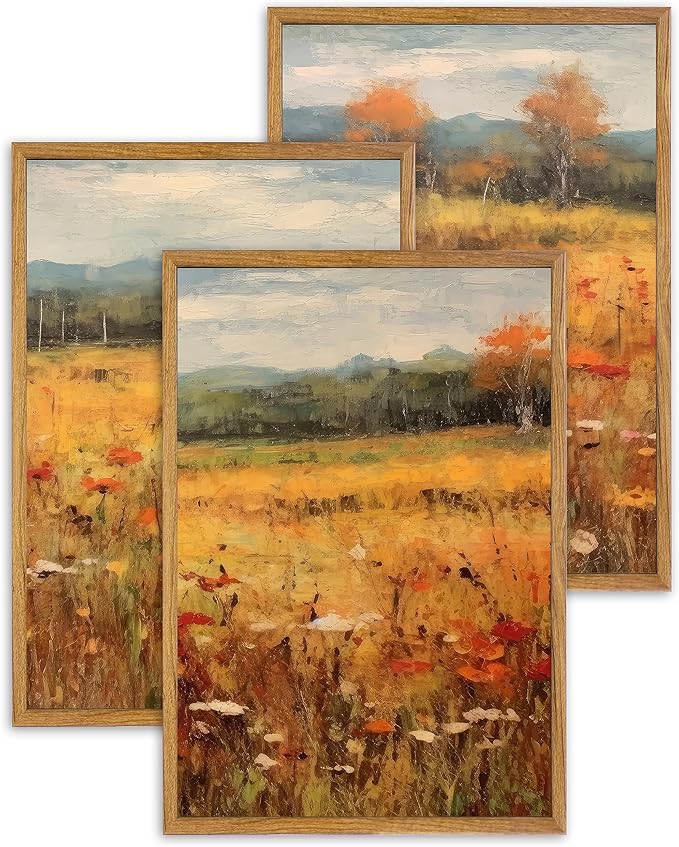 UPWOIGH Large Framed Canvas Wall Art, Set of 3 Gold Vintage Autumn Prints, 16x24 in Natural Cotton Posters with Wildflowers, Botanical Farmhouse Style for Living Room, Bedroom, Dining Room, Office