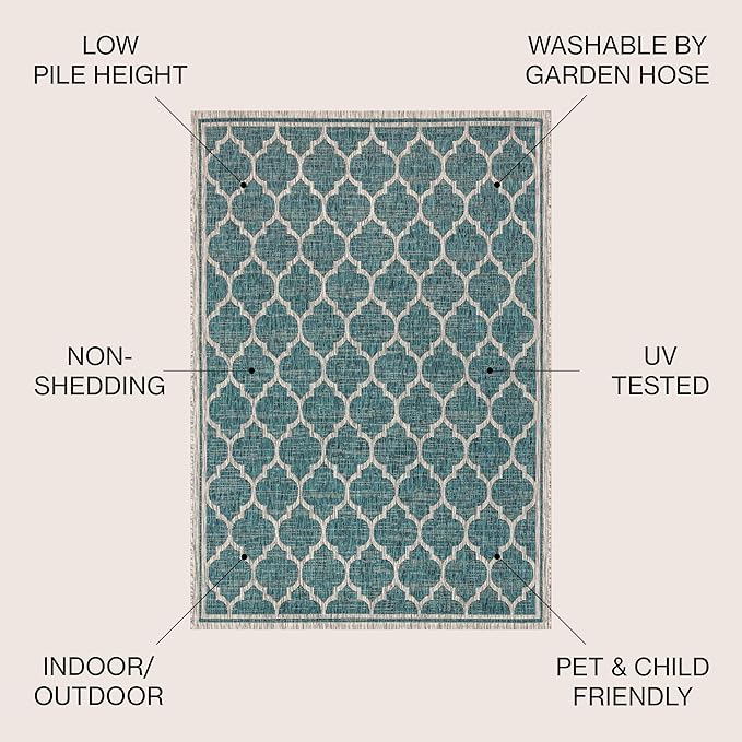 JONATHAN Y Moroccan Trellis Indoor Outdoor Round Area Rug 6 Ft Teal/Gray, Trebol Textured Weave for Backyard, Patio, Porch, Easy-Cleaning, High Traffic, Pet-Friendly, Non-Shedding (SMB109E-6R)