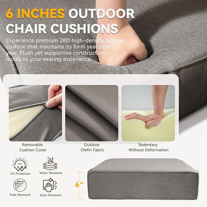 Outdoor Cushion Set for Furniture Patio Furniture, UV Resistant, Water Resistant - 6 Inch Thick Foam Garden Cushions– 24x24 Inch Patio Seat Covers for Chair/Sofa/Couch | Grey | 3-Pack |
