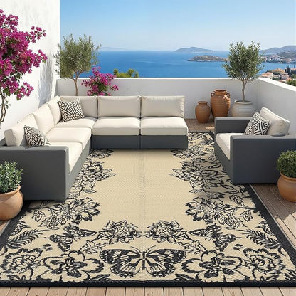 Garvee 5’x8’ Waterproof Patio Outdoor Rug, Outdoor Plastic Straw Rug for Camping, RV Mat Outside, Indoor Outdoor Carpet for Porch, Deck, Backyard, Balcony, Picnic, Black & Brown