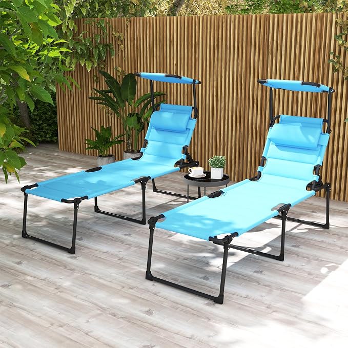 Outsunny 2 Pieces Outdoor Lounge Chair, Adjustable Backrest Folding Chaise Lounge, Cushioned Tanning Chair with Sunshade Roof & Pillow Headrest for Beach, Camping, Hiking, Light Blue