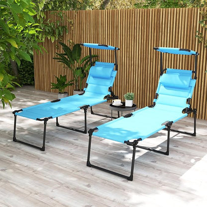 Outsunny 2 Pieces Outdoor Lounge Chair, Adjustable Backrest Folding Chaise Lounge, Cushioned Tanning Chair with Sunshade Roof & Pillow Headrest for Beach, Camping, Hiking, Light Blue