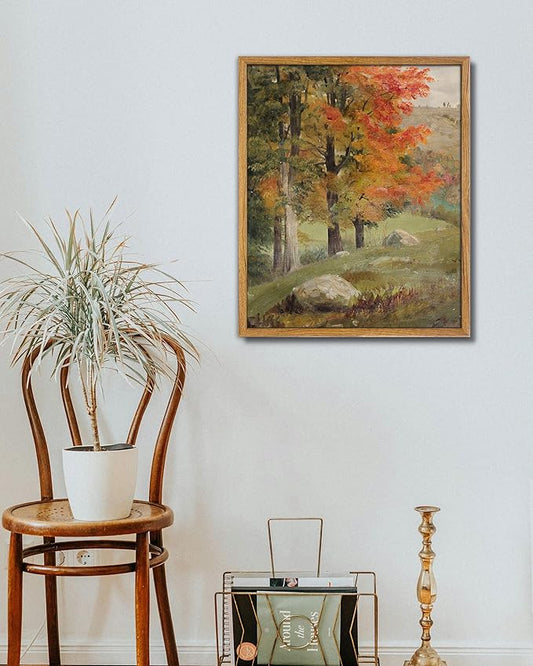 UPWOIGH 16x24 in Large Framed Wall Art, Autumn Tree Oil Painting Canvas, Vintage Fall Landscape Rustic Forest Print, Retro Moody Wall Art for Living Room Bedroom Decor, 1 Pack Gift