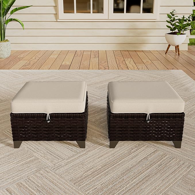 VistaVibe 2 Pieces Patio Wicker Ottomans, Luxurious Footstools, Outdoor Small Footrest, Wicker Furniture with Removable Cushions, All-Weather PE Rattan, Garden, Backyard, Porch(Brown/Beige)
