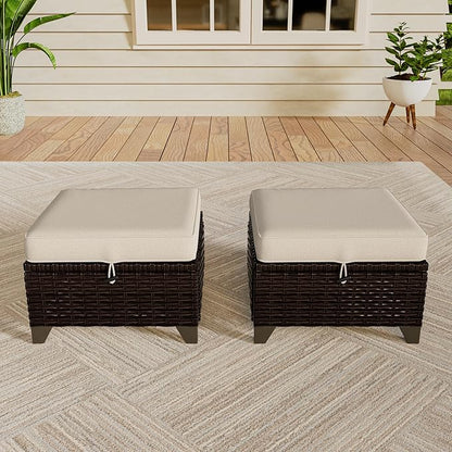 VistaVibe 2 Pieces Patio Wicker Ottomans, Luxurious Footstools, Outdoor Small Footrest, Wicker Furniture with Removable Cushions, All-Weather PE Rattan, Garden, Backyard, Porch(Brown/Beige)