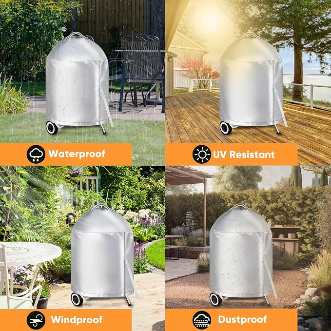 iCOVER Grill Cover for Weber 22 Inch Charcoal Kettle- Heavy Duty Waterproof BBQ Cover for Weber Char-Broil 22 Inch Charcoal Kettle Grills, Silver